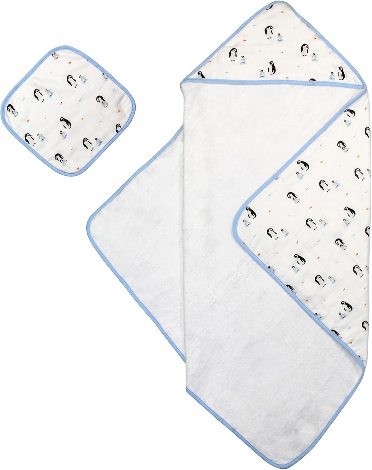 Bamboo Viscose Baby Hooded Towel & Washcloth Set for Babies and Toddlers, Soft & Absorbent, 70% Viscose from Bamboo, 30% Cotton Muslin - Imported (Penguin)
