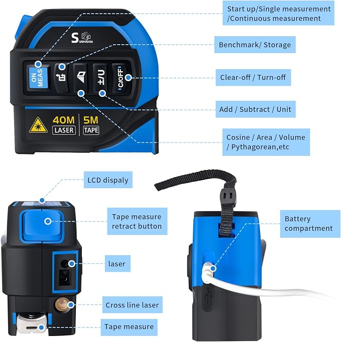 4-in-1 Laser Tape Measure with Laser Level Crosshairs |130ft/40m Laser
