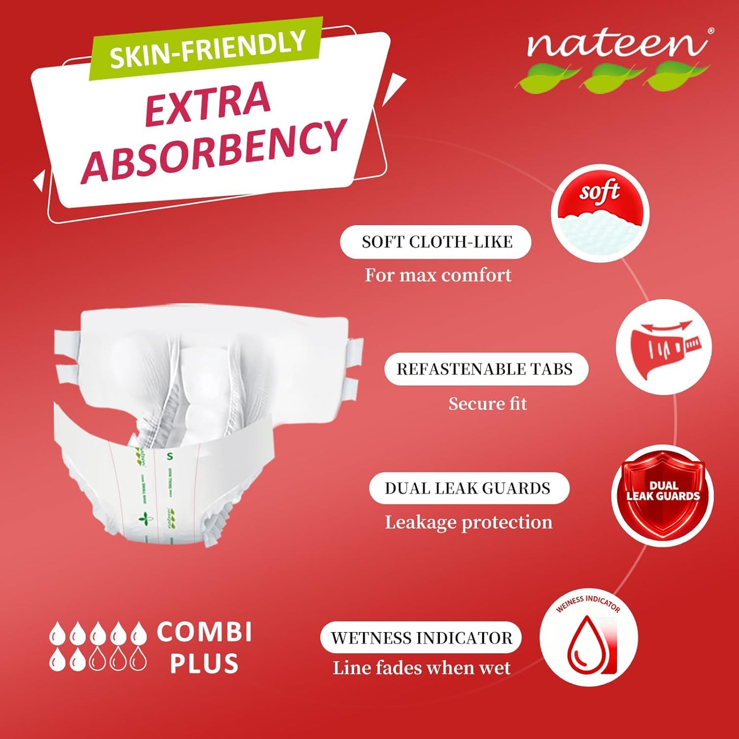 Nateen Combi Plus Adult Diapers with Tabs for Women and Men, Extra Absorbency Disposable Incontinence Briefs, Leakproof and Skin-Friendly Incontinence Underwear.Extra-Large, 10Count