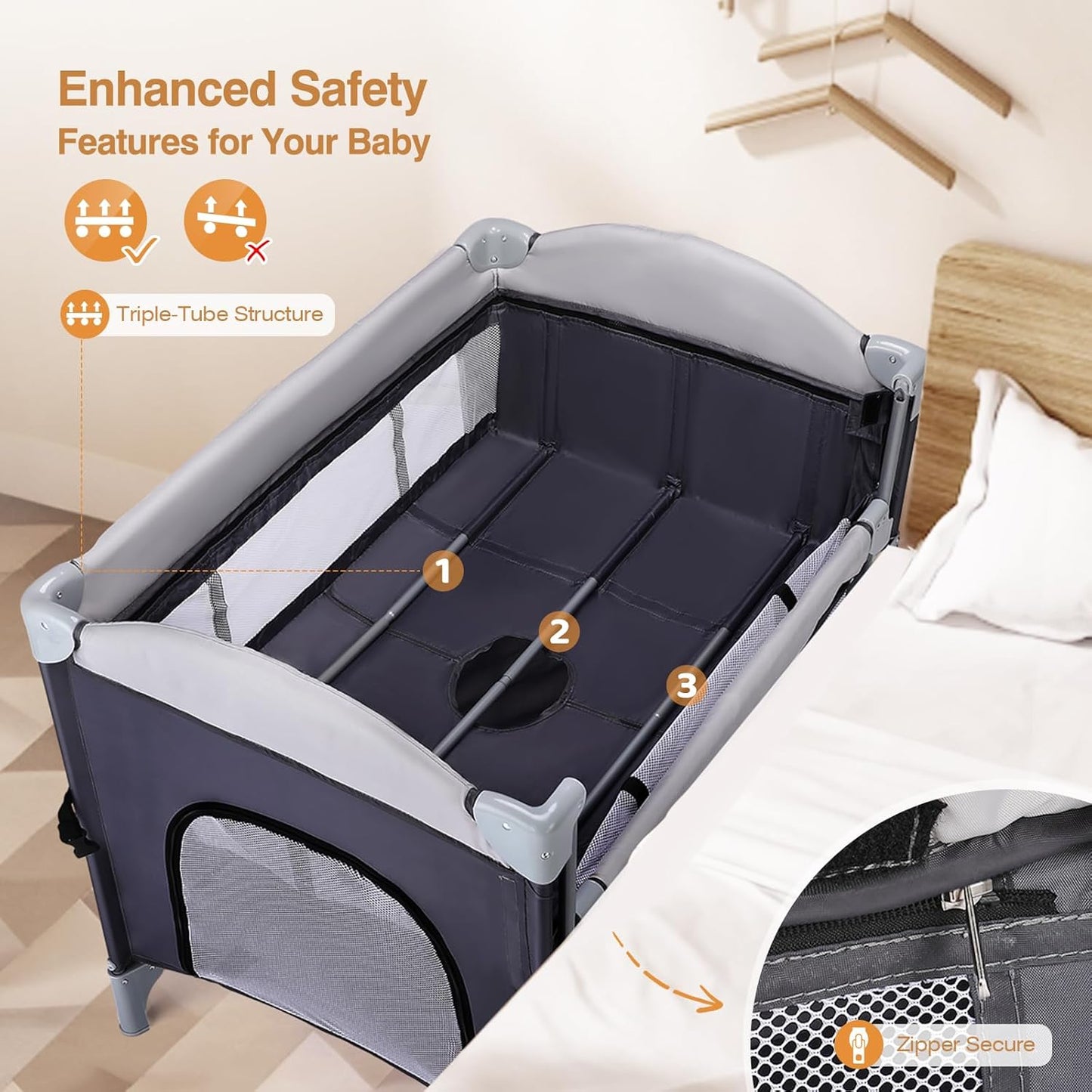 JOYMOR 4 in 1 Pack and Play, Baby Bedside Bassinet, Sturdy Play Yard with Padded Mat and Toy bar with Soft Toys