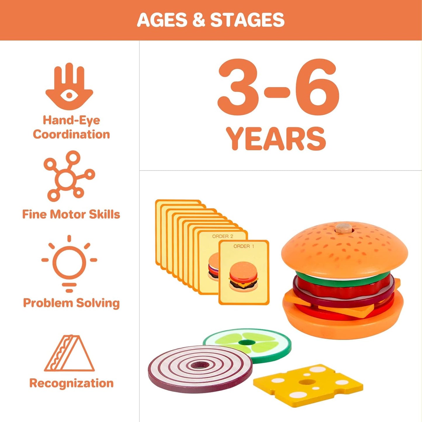 Wooden Burger Stacking Toys Montessori Toys For Toddlers Preschool Education Activity Board Game Early-Education Matching Speed Race Pretend Toy Food Back To School (Burger)