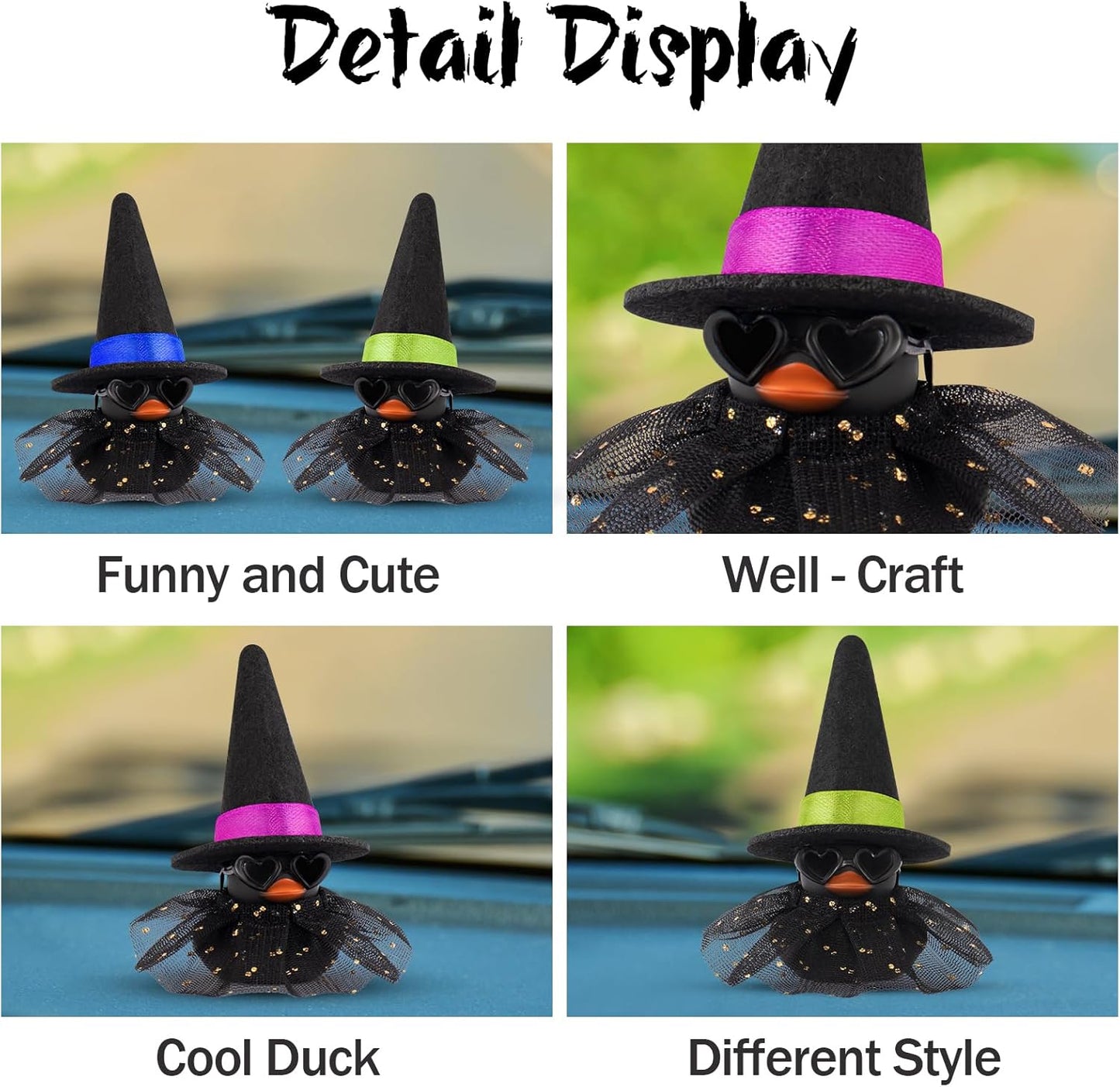 wonuu Car Dashboard Witch Black Rubber Ducks for Halloween, Decorations Duck for Office Desk Ornament Accessories with Hat Glasses Skirt, Green