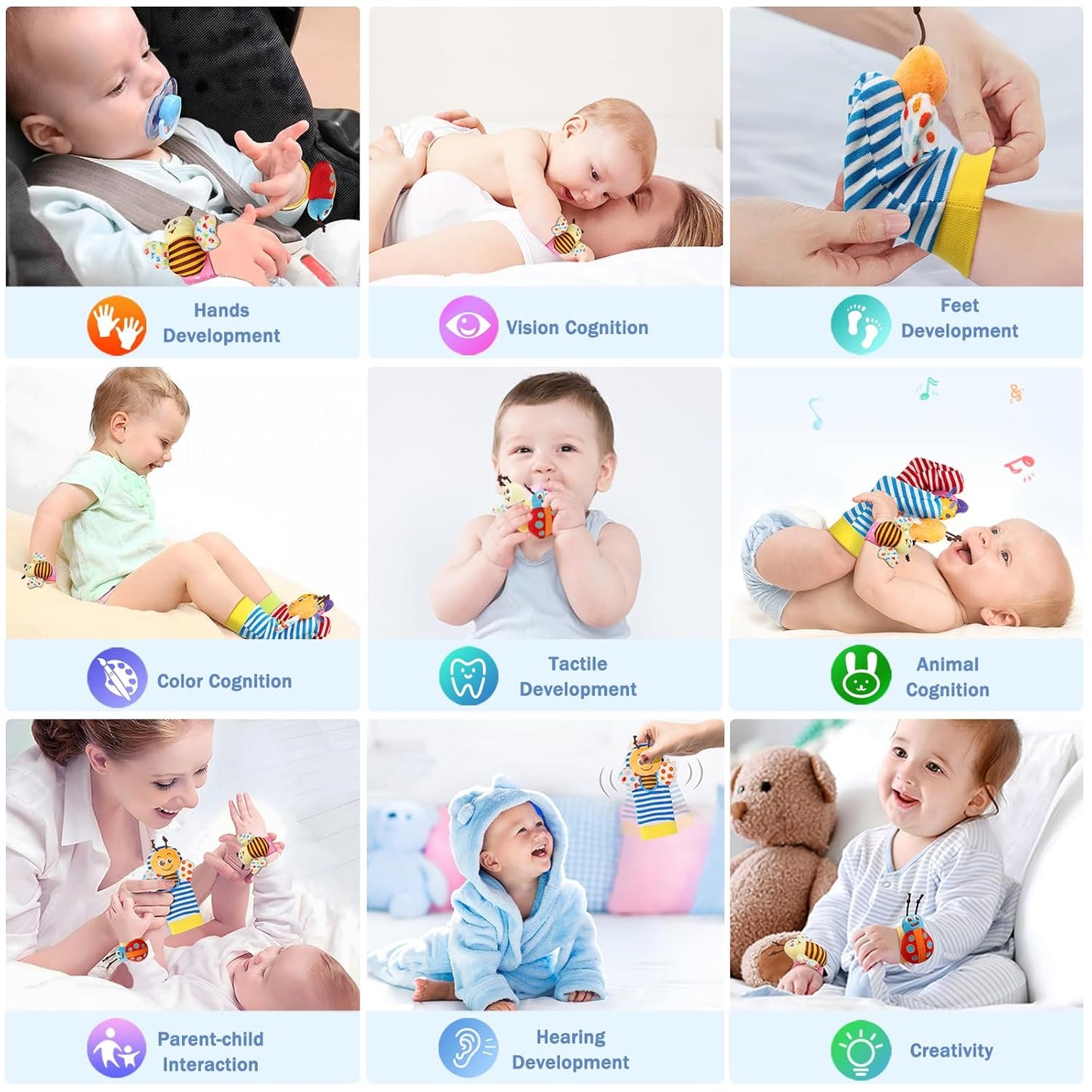 Bloobloomax Baby Rattles Toys for 0-12 Month, Infant Girl Boy Toys for Babies 3-6 Months, Newborn Hand & Foot Toys for 0 to 9 Months, Baby Shower Gifts Set with Wrist Rattle Socks (Light Blue)