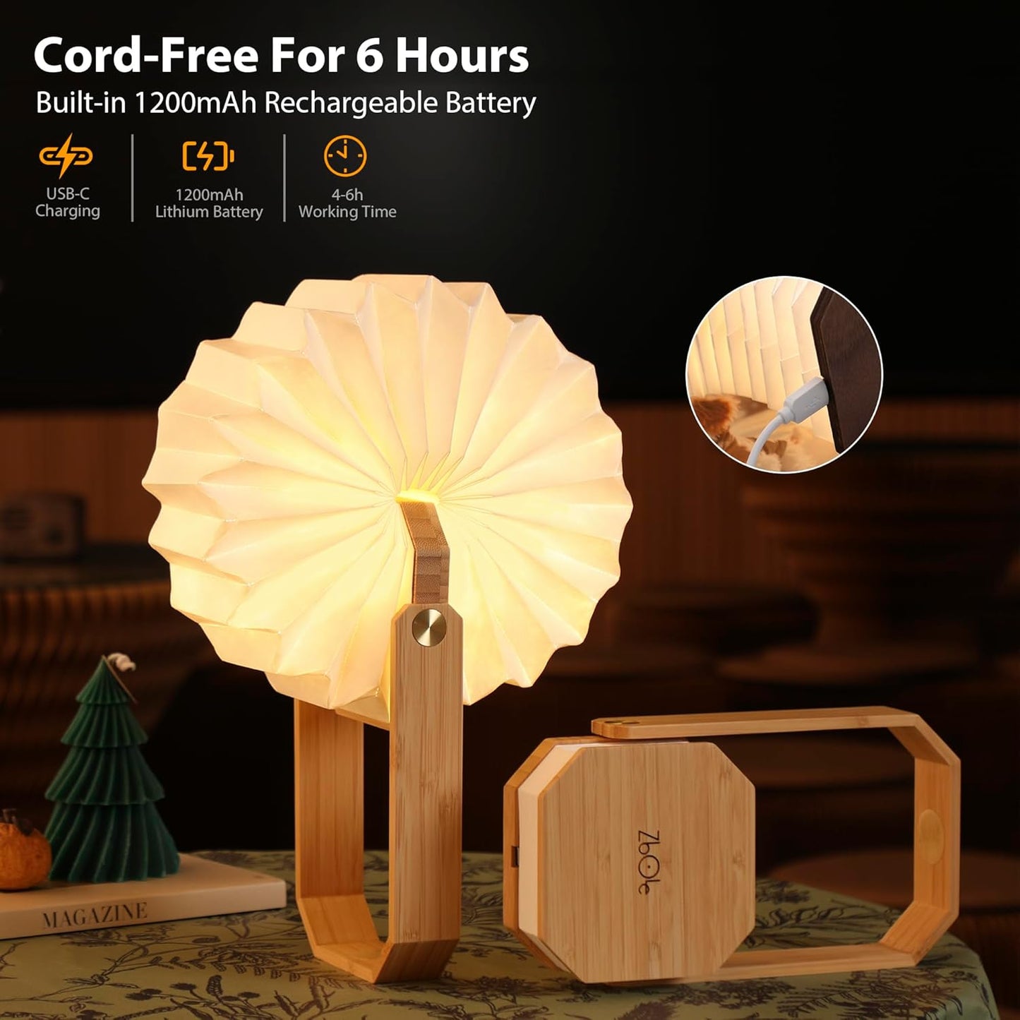 Portable Bamboo Lamp - Foldable Japanese Lantern with USB Charging, Waterproof Tear-Resistant Fiber Paper Shade, Accordion Travel Light for Home Decor Camping Gift