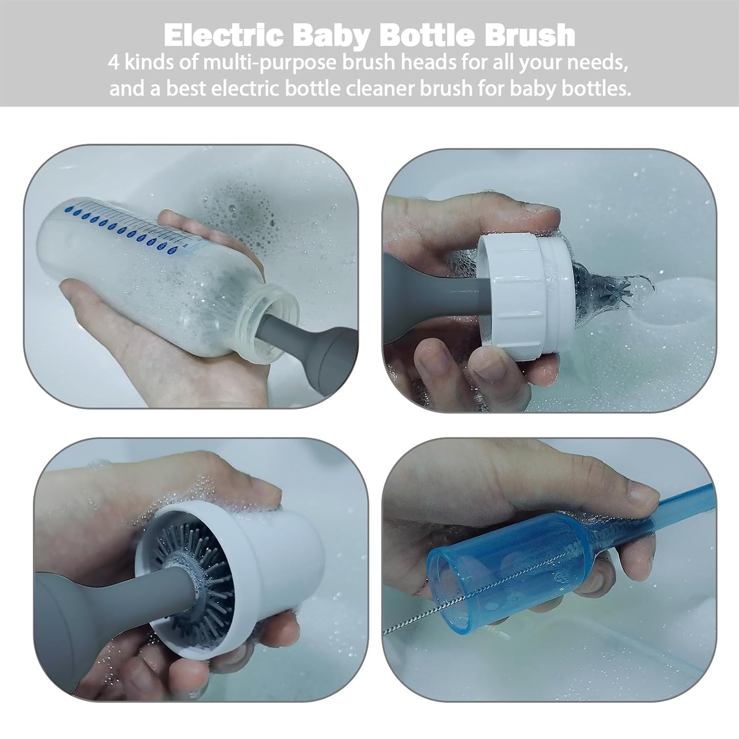 Electric Baby Bottle Brush Set with Rechargeable Electric Bottle Brush Cleaner and Replaceable Silicone Bottle Brushes and Straw Brush Cleaner, Waterproof Multi-Purpose Cleaning Brush（Grey）