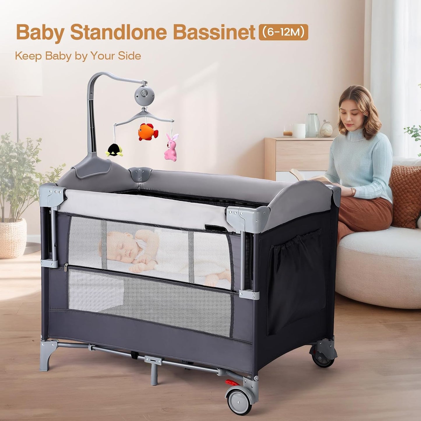 JOYMOR 4 in 1 Pack and Play, Baby Bedside Bassinet, Sturdy Play Yard with Padded Mat and Toy bar with Soft Toys
