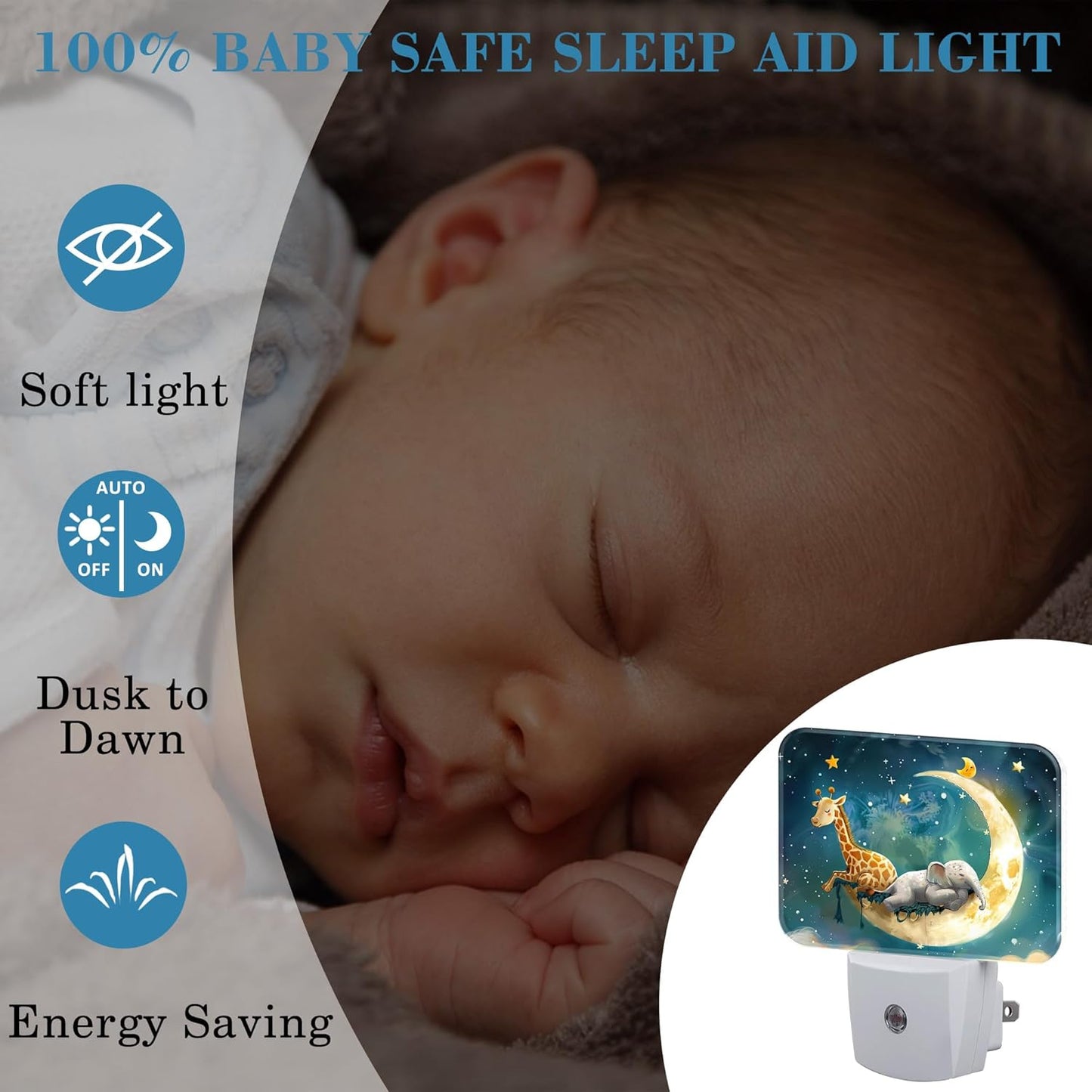 Cute Giraffe and Elephant Sleeping On Moon Night Light for Kids, LED Night Light Plug into Wall with Dusk to Dawn Sensor for Girls Boys Women Men Room, Hallway, Kitchen, Bathroom, Stairs Decor