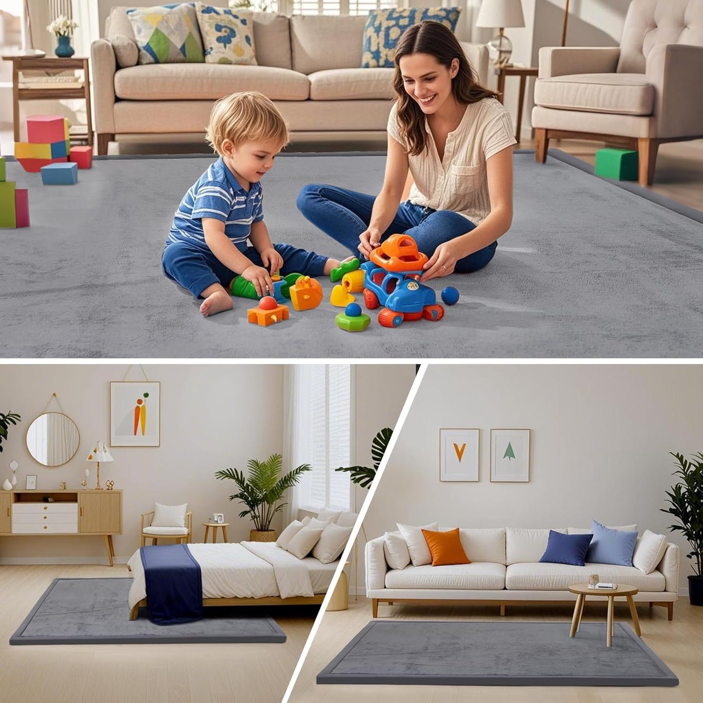 ACOMOPACK Baby Play Mat for Floor,1.3" Thick Memory Foam Area Rug for Living Room,Soft Velvet Crawling with Non-Slip Bottom for Kid,Toddler,39"×59" Tummy Time Nursery Rugs,Yoga（Dark Grey）