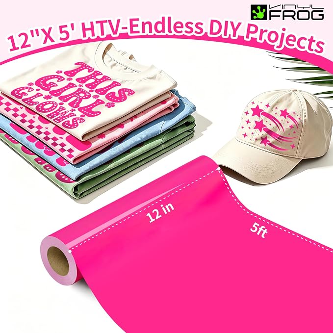 VINYL FROG Hot Pink Heat Transfer Vinyl Roll 12" x5ft Matte HTV Vinyl | Neon