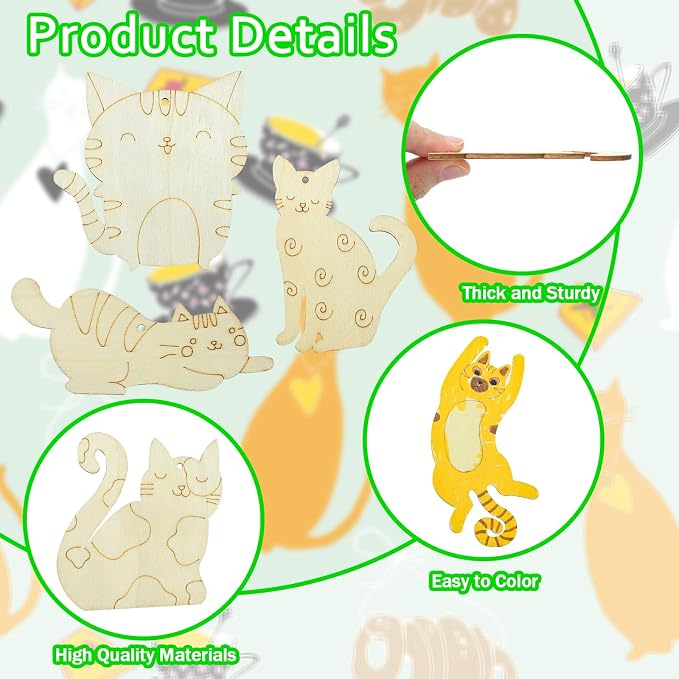 40 pcs Mixed Styles Lovely Cat Theme Unfinished Wood Cutout Charms Kitten Pet