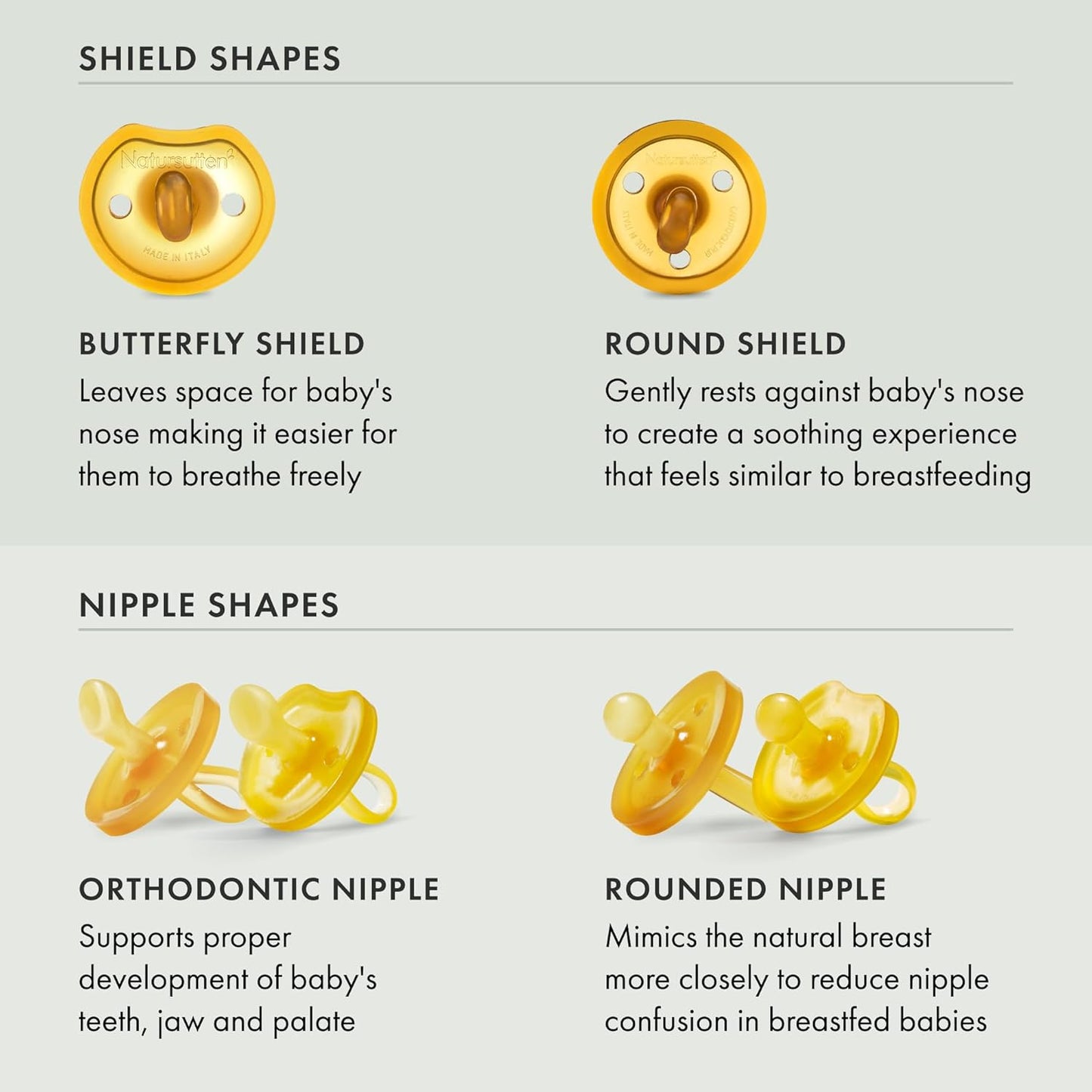 Natursutten Pacifiers 0-6 Months - 1-Pack Butterfly Shield Round Nipple Natural Rubber Safe & Soft BPA-Free for Breastfeeding Babies - Newborn Pacifiers Made in Italy