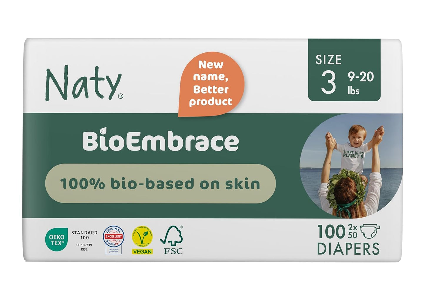 Naty BioEmbrace Baby Diapers Size 3 (9–20 lbs) | 100% Biobased on Skin | Plant-Based Softness | Dermatologically Tested, Super Absorbent | 100 Count