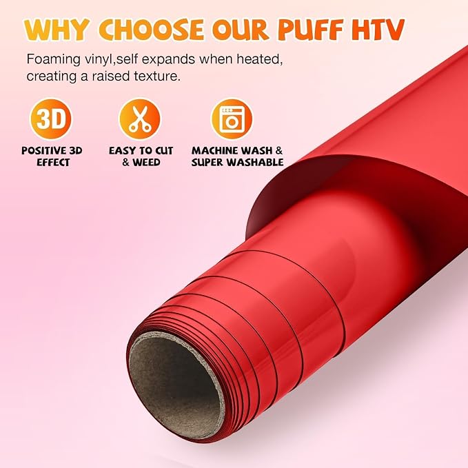 VinylRus Red Puff Vinyl Heat Transfer -12” x 6ft Puffy 3D Iron on Vinyl