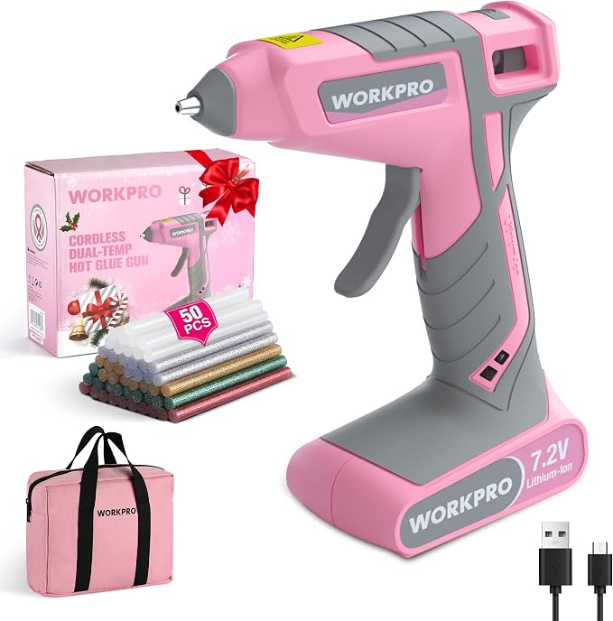 WORKPRO 7.2V Cordless Hot Glue Gun, 30s Fast Preheating, 50 Glue Sticks |