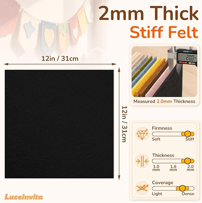 2mm Stiff Felt Sheets 12" X 12" | Thick Polyester Felt Material, DIY Craft
