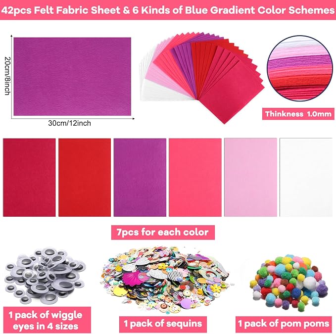 gisgfim 42Pcs Valentine's Day Pink-Purple Felt Fabric Sheet Craft Kit 8 x 12