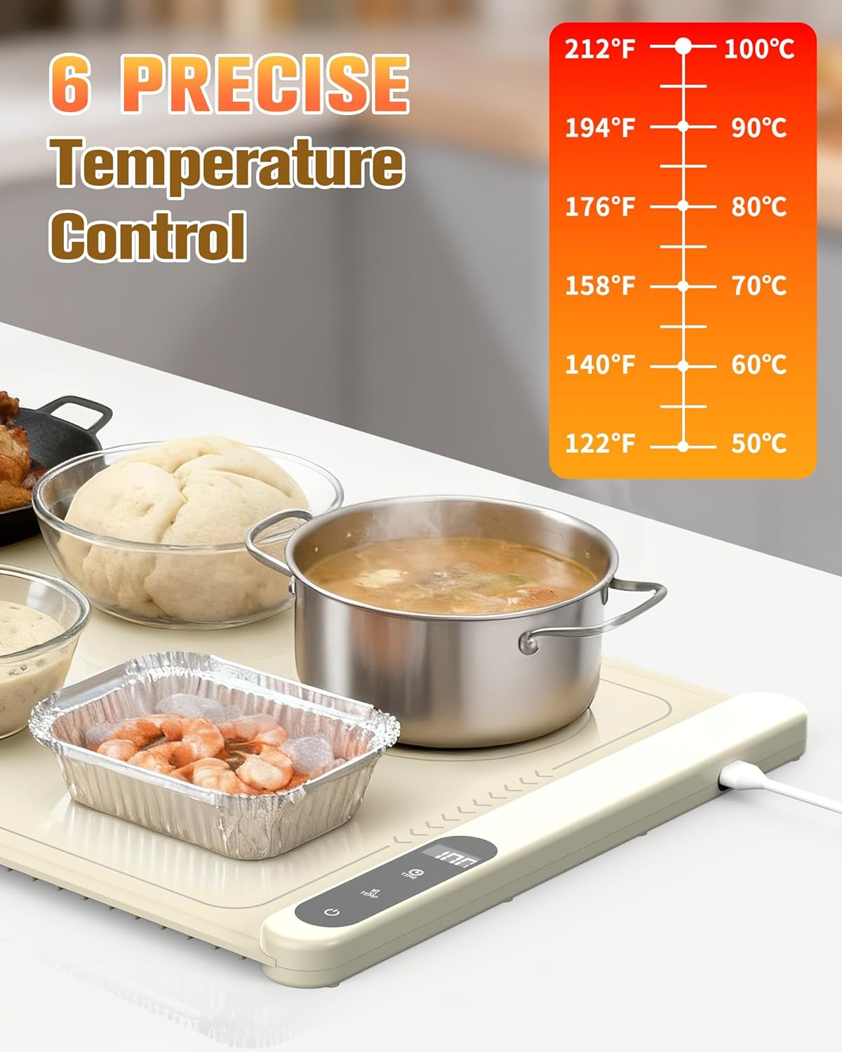 Potahouse® Warming Mat for Food, Graphene Full-Surface Fast Heating, Electric Warming Tray with 6 Temp & Timer Settings, Rollable & Portable Silicone Food Warmer for Parties, Home and Travel, Apricot