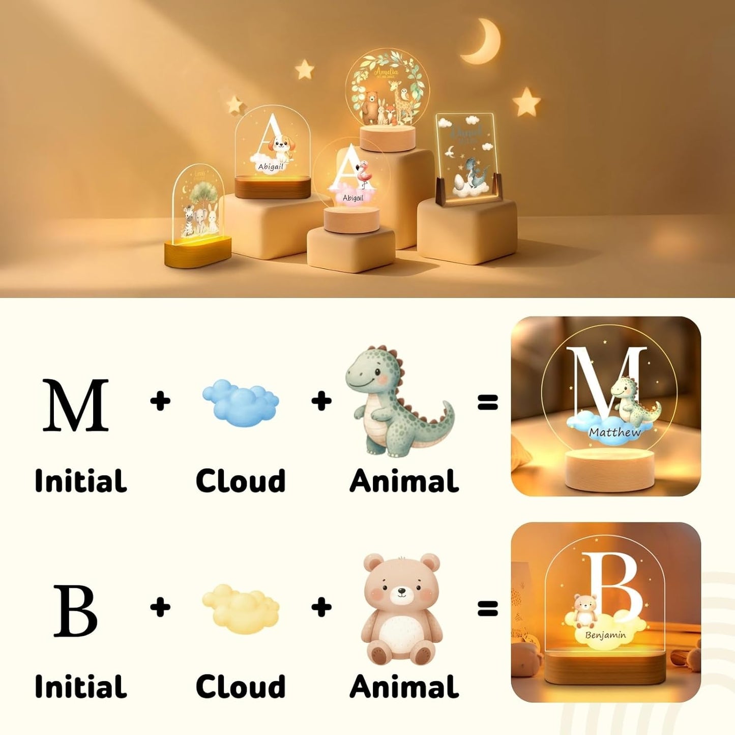 Custom Baby Gift Night Light for Baby Boys Girls Nursery Decor, Personalized Initial Name LED Night Light with Wooden Base, LED Color-Changing Lamp for Toddlers Kids