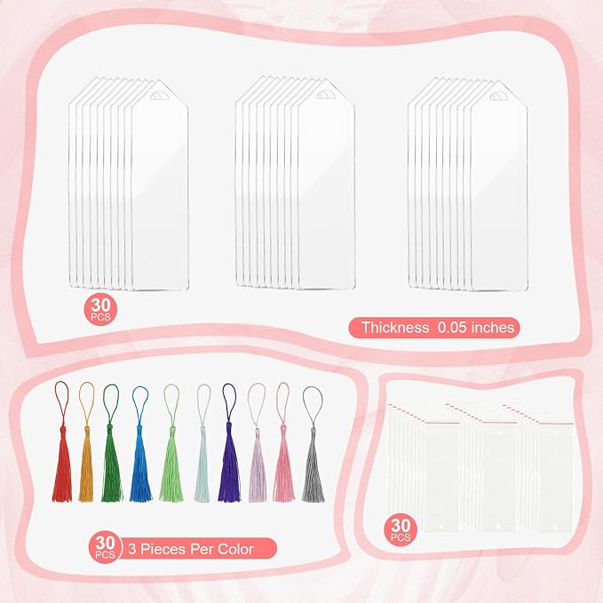 90Pcs Acrylic Bookmark Blanks Kit-30 Set Clear Acrylic Bookmarks 6" x 1.6"
