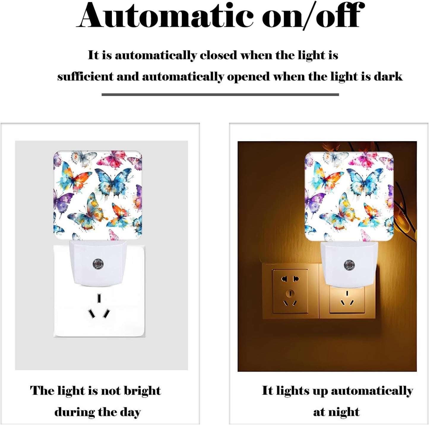 Watercolor Butterflies Night Light,Plug Into Wall for Boys Girls Bedroom Decorative Square Night Light Lamp 0.5w Sleep Friendly