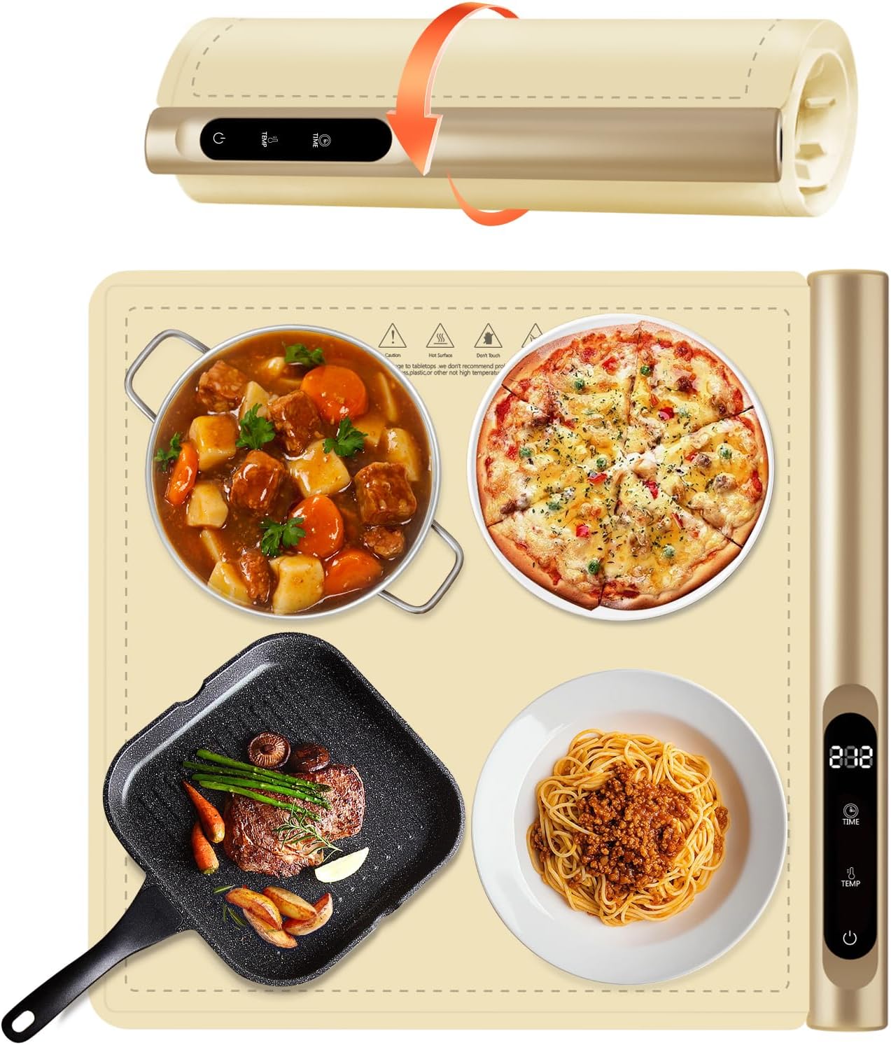 Upgrade Graphene Warming Mat for Food, Electric Warming Tray Rapid Heating with 6 Temps &Timer Settings, Portable Food Warming Mat for Countertop Buffets Party, Beige