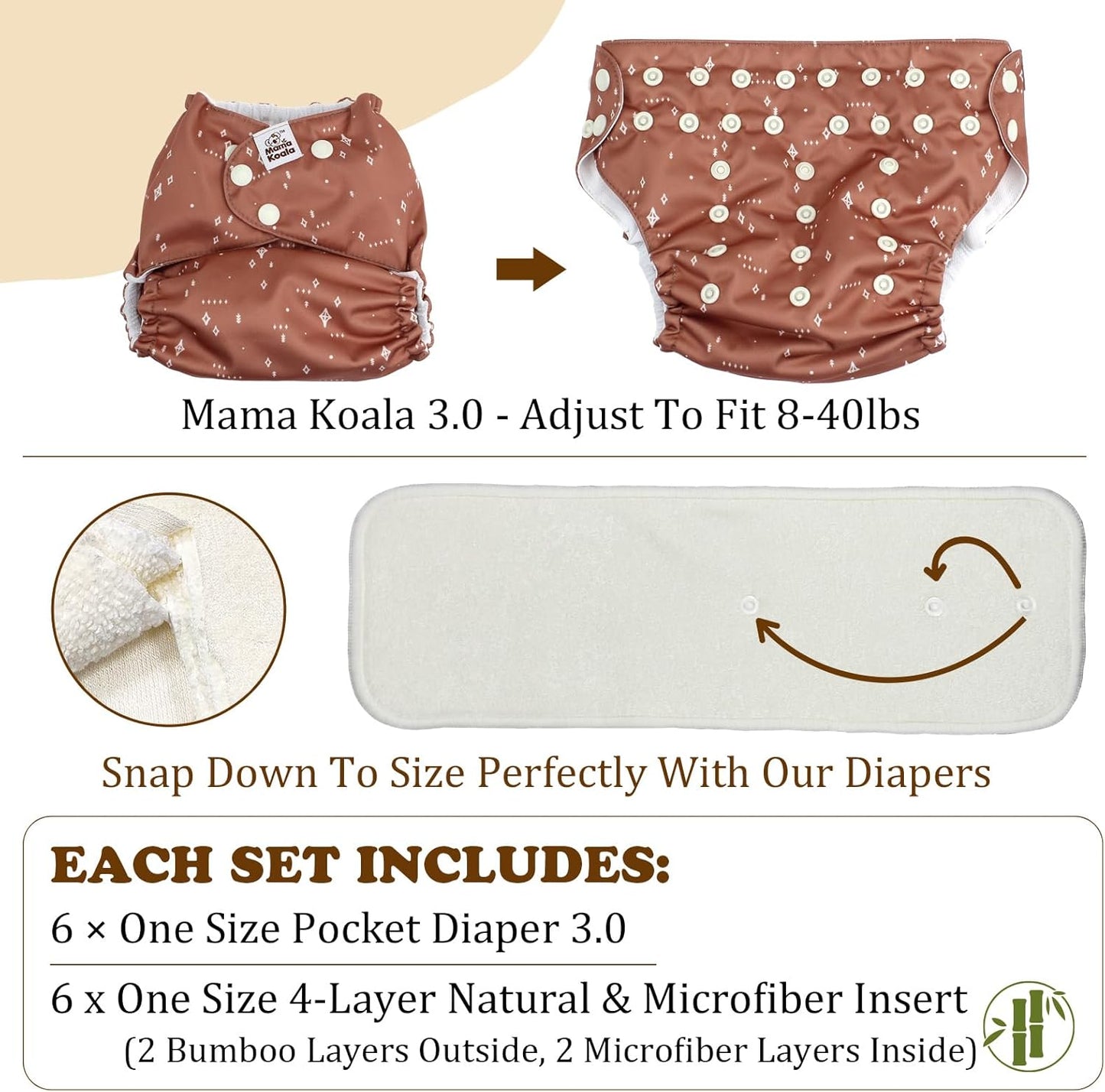 Mama Koala 3.0 Pocket Cloth Diapers for Babies with AWJ Lining, 6 Pack with 6 4-Layer Natural Cloth Diaper Inserts - Reusable and Washable Pocket Diapers (Black and White)