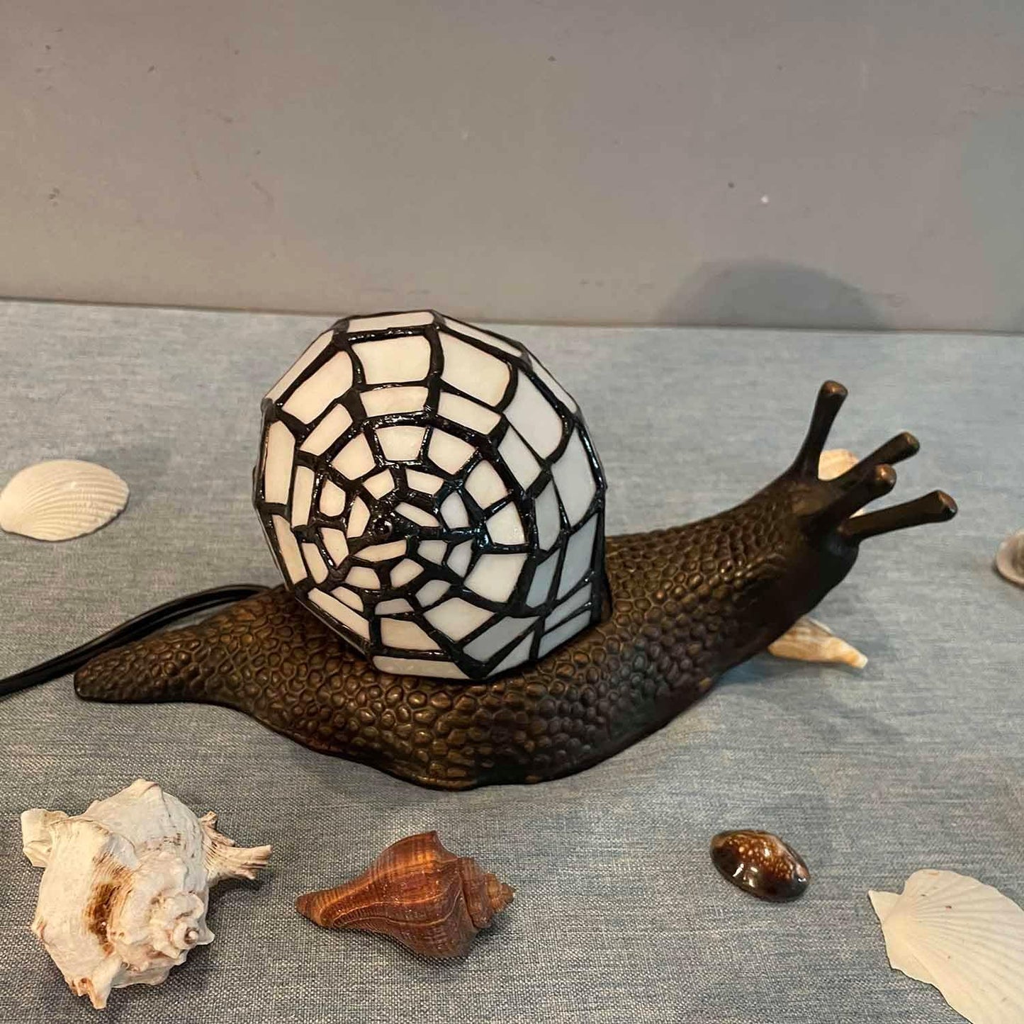 Bieye L10988 Land Snail Tiffany Style Stained Glass Accent Table Lamp for Home Decoration (White, 10" D x 5" W x 5" H)