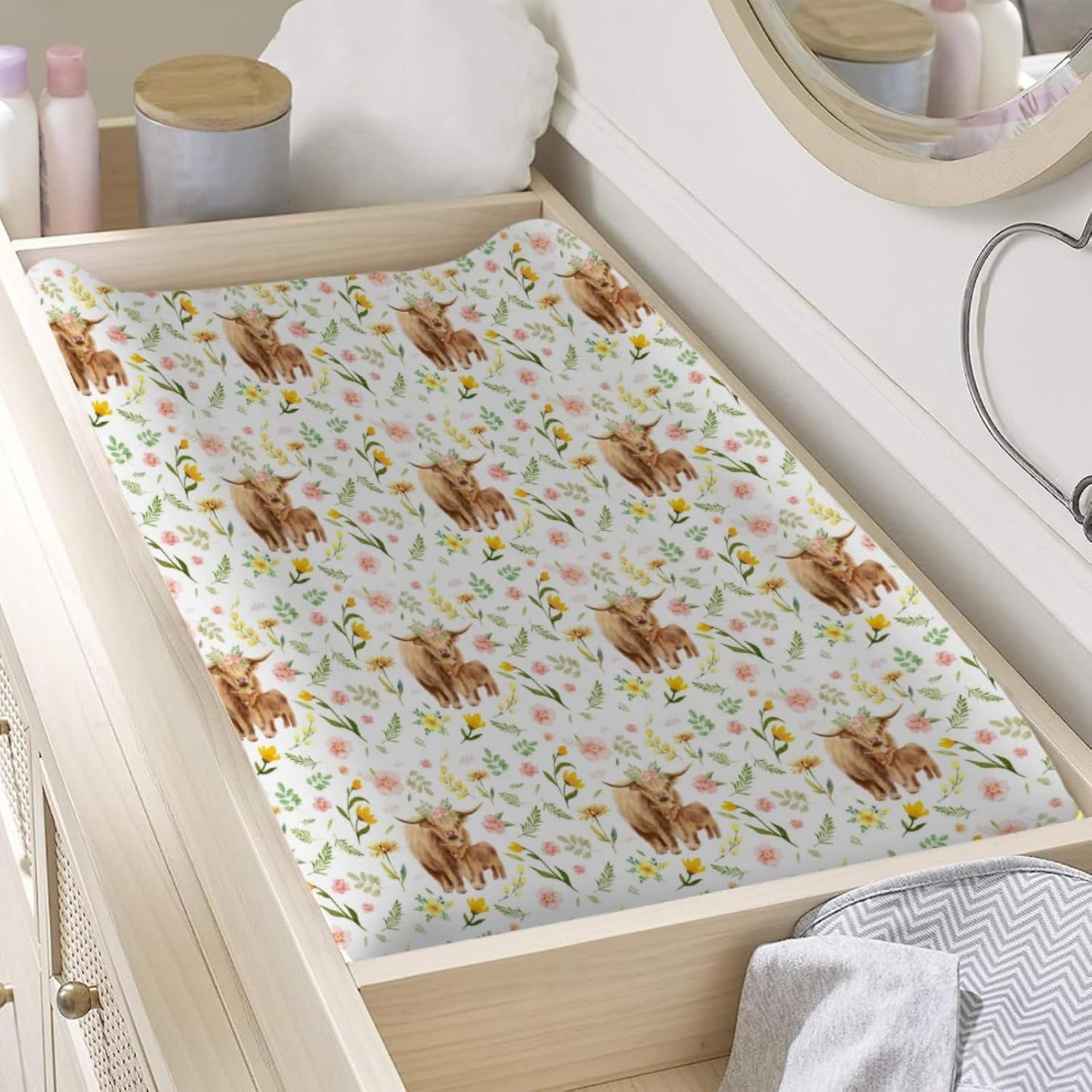 Highland Cows Retro Flowers Leaves Changing Pad Cover Farm Yak Floral Diaper Change Table Covers for Girls Boys Soft Stretch Fitted Changing Table Mats Sheets 32''x16''