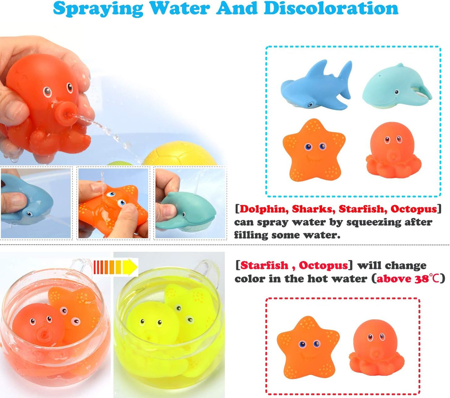 Bath Toy , Fishing Floating Animals Squirts Toys Games Playing Set with Fishing net , Fish Net Game in Bathtub Bathroom Pool for Babies Toddlers and Kids (Blue)
