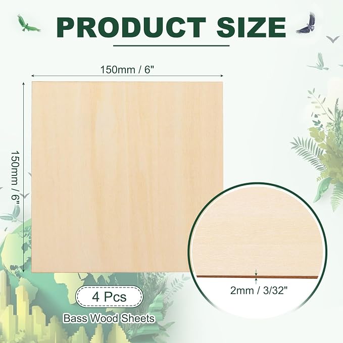 HARFINGTON 4pcs 2mm Basswood Plywood Sheets 6" x 6" x 3/32" Thin Unfinished