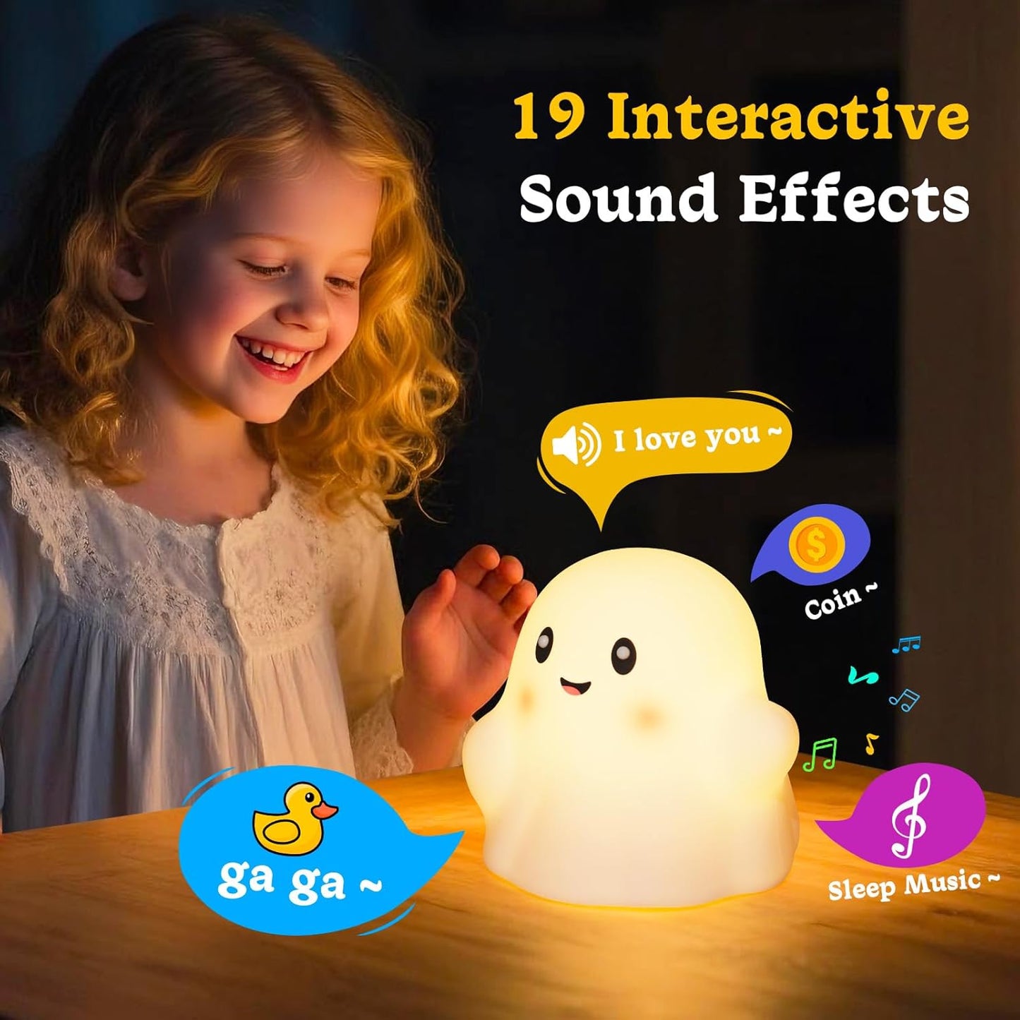Ghost Night Light for Kids, Cute Nursery Lamp with 19 Interactive Sounds & 3 Light Modes & 30-Min Timer, Rechargeable Silicone Touch Nightlight for Halloween Decor Bedroom (White Ghost)