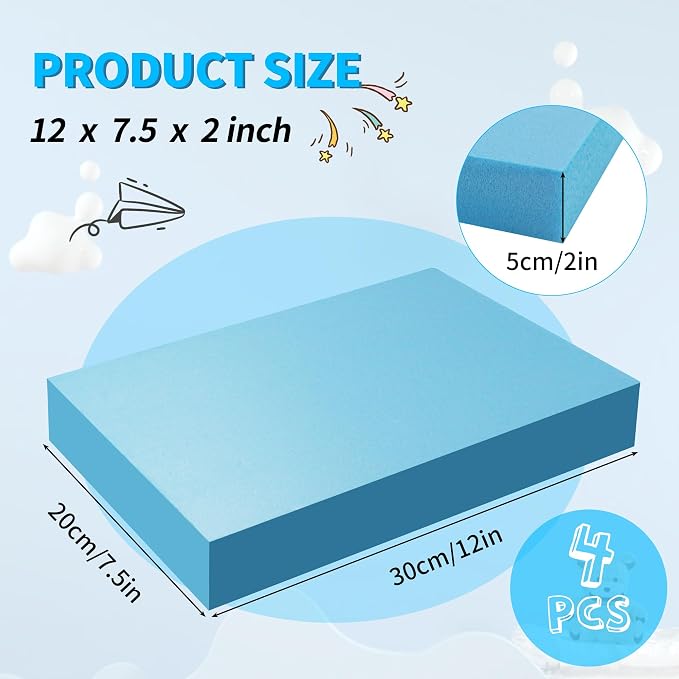 LuckyFoam Blue 4 Pack 12x7.5x2 inch Foam Sheets 2 Inch | Polystyrene Rectangles