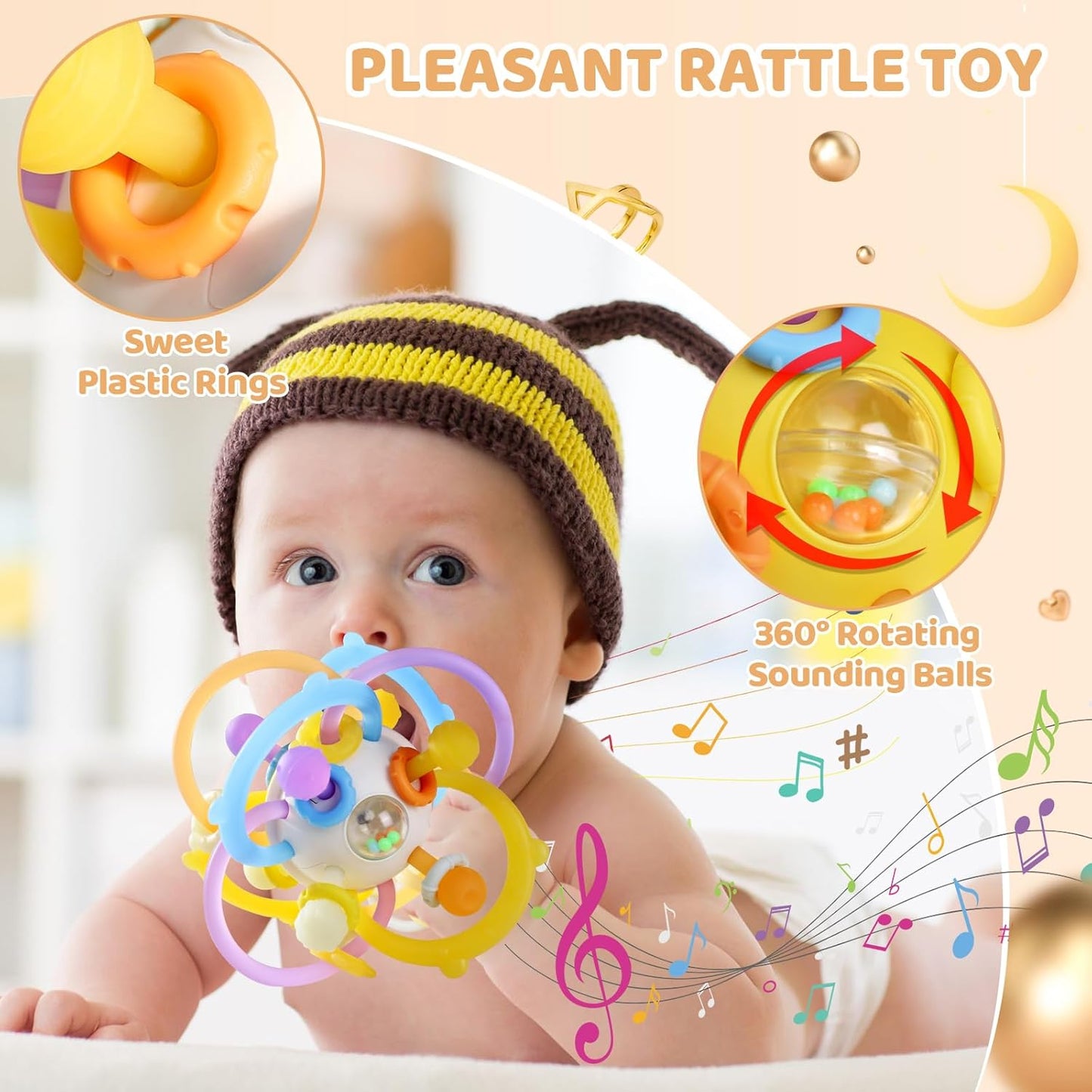 Orzbow Sensory Teething Toys for Babies, Baby Montessori Toys 3-6-12-18 Months, Infant Teethers Relief Chew Toys, Silicone Baby Rattle Toys - Early Development Toy for Toddlers, BPA Free, Yellow