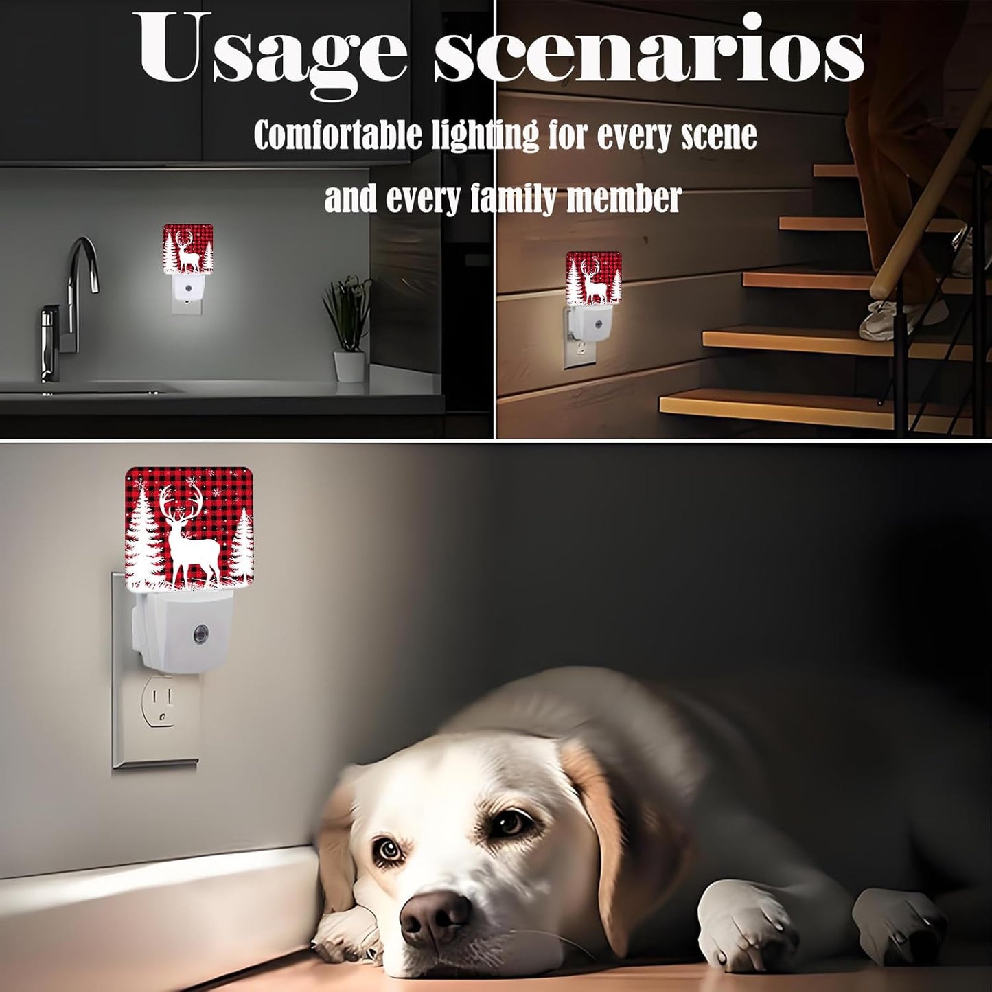 Silhouette Christmas Elk Night Light,Plug Into Wall Decor for Stairway,Hallway,Kitchen,Dusk to Dawn Sensor Nightlights for Boys/Girls/Women/Men Room Gifts