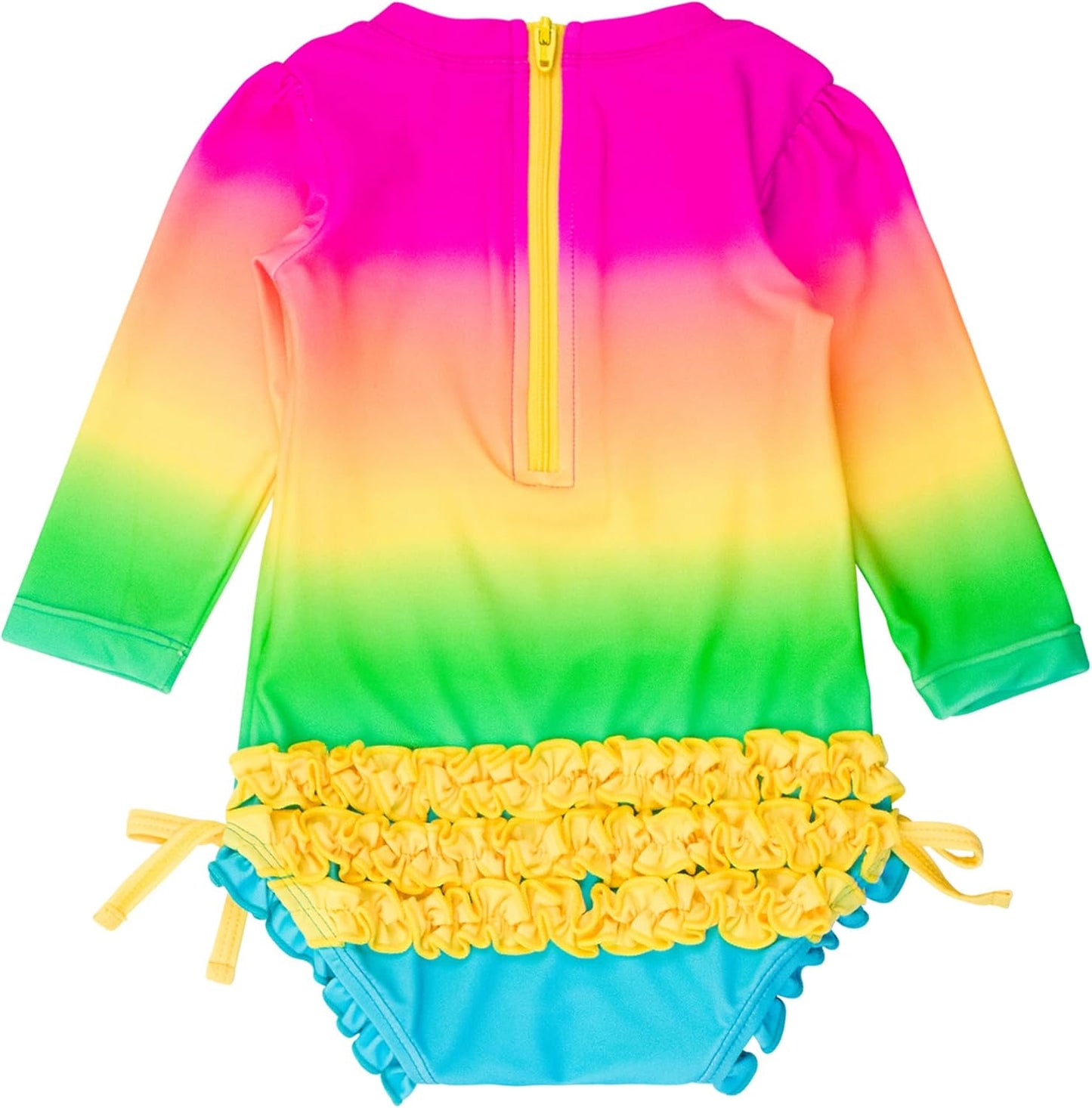 RuffleButts Baby Girls UPF 50+ Sun Protection Novelty Print Long Sleeve One Piece Rash Guard Swimsuit with Zipper