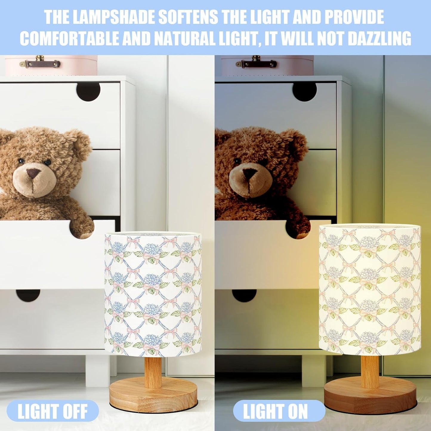 VIHOSE Blue Hydrangea Kids Table Lamp for Bedroom Kids Bedside Lamp with Linen Wooden Nightstand Cartoon Nursery Lampshade for Girls Boys Living Room