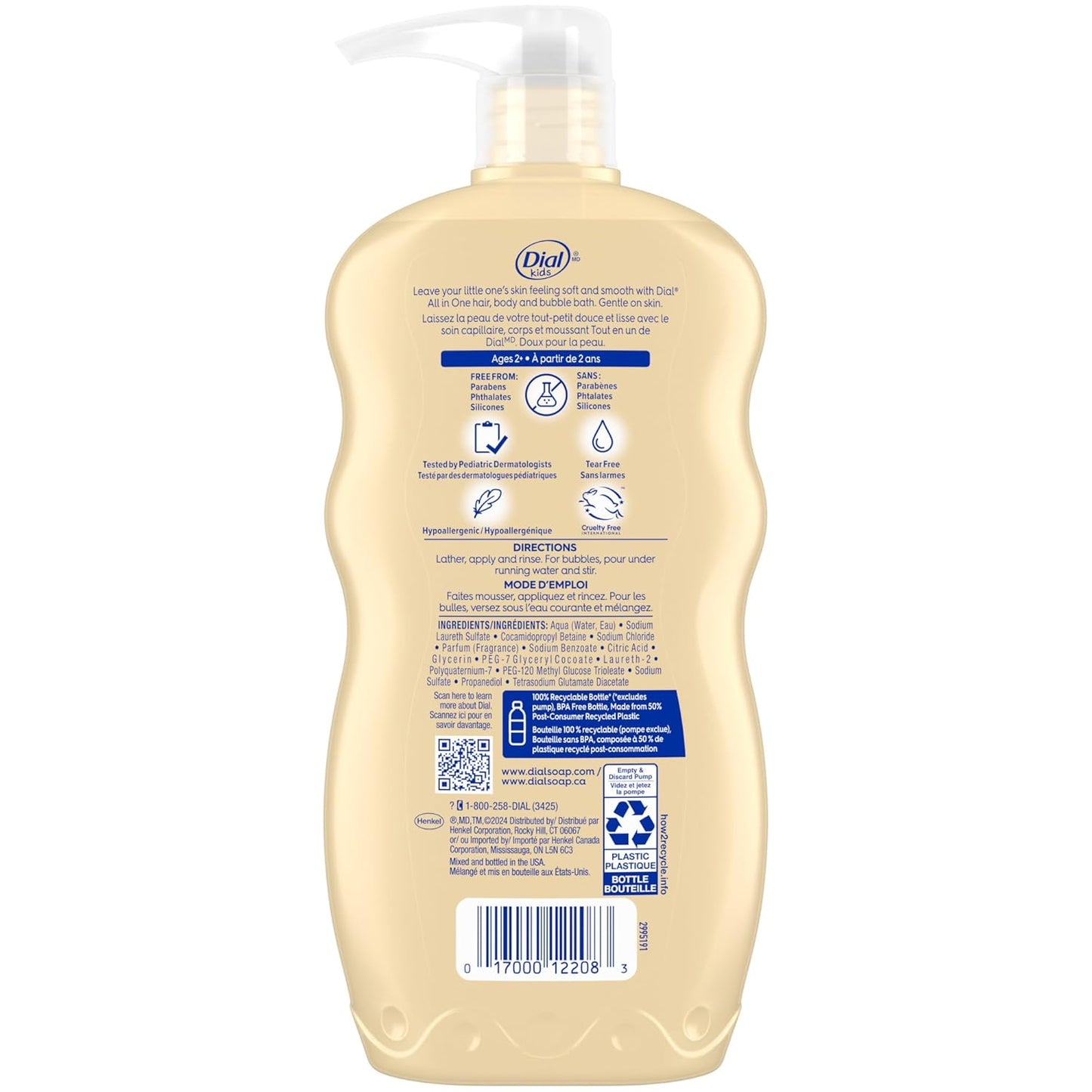 Dial Kids 3-in-1 Body + Hair + Bubble Bath, Peach, 24 fl oz (Pack of 4)