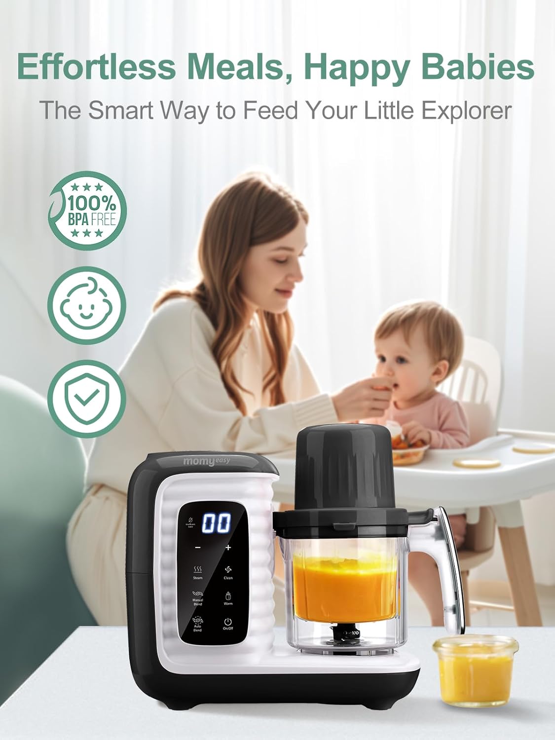 MOMYEASY Baby Food Maker, Multifunction Processor Chopper Grinder, Baby Food Steamer and Puree Blender in-One, with Bottle Warmer, Auto Cooking & Grinding with Touch Control Panel