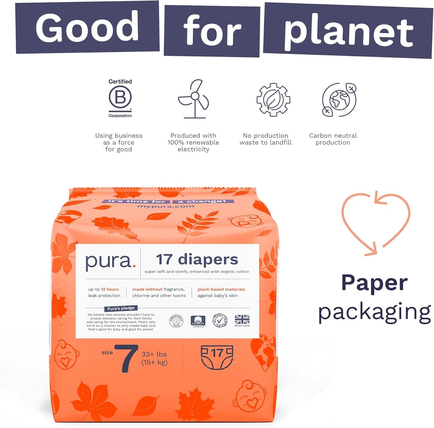 Pura Size 7 Eco-Friendly Diapers (33+lbs) Hypoallergenic, TCF, Soft Organic Cotton, Sustainable, up to 12 Hours Leak Protection, Allergy UK, Recyclable Paper Packaging, 6 Packs of 17 (102 Diapers)