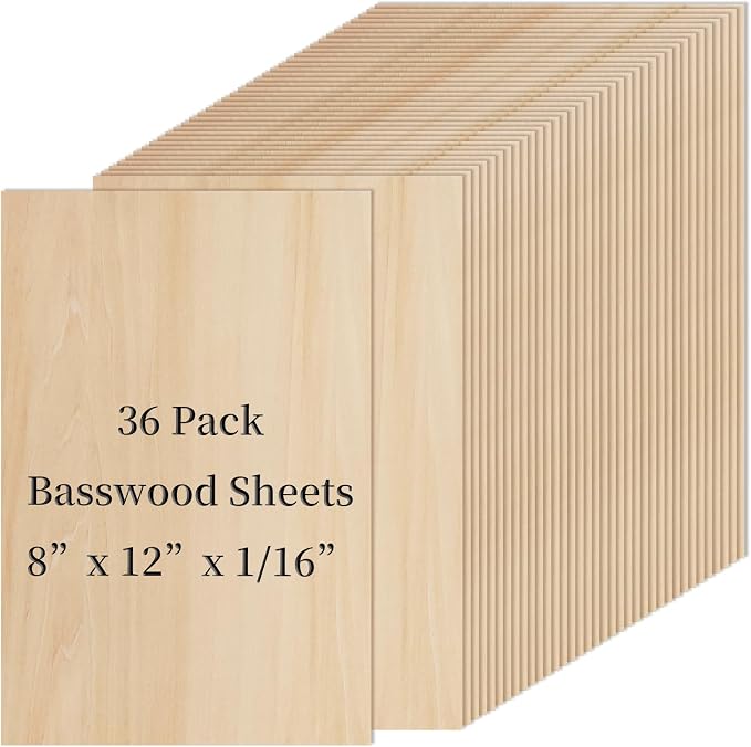 36 PCS Basswood Sheets for Crafts 8 x 12 x 1/16 in, 1.6mm Thick Unfinished