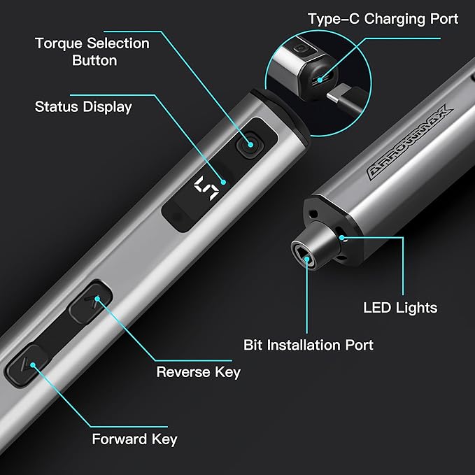 AM ARROWMAX Mini Electric Screwdriver, 5 Torque Modes Precision Electric Screwdriver, 60-in-1 Magnetic Bits 5/32''Hex, Max 3 N.m, Repair Tool Set for Phone Camera Laptop Watch (SES NANO)