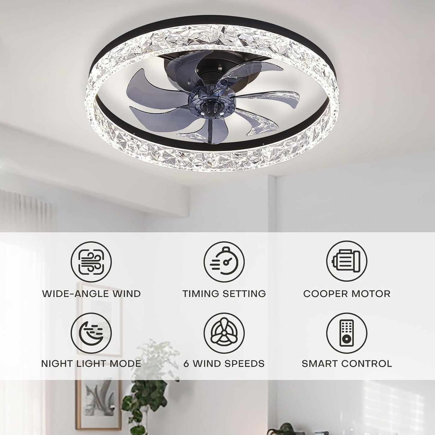 STERREN 19.7'' Crystal Ceiling Fan with Light, Modern Low Profile Ceiling Fans with Remote Control, Dimmable Flush Mount LED Fandelier for Living Room, Bedroom, Home Office, Kitchen, Black