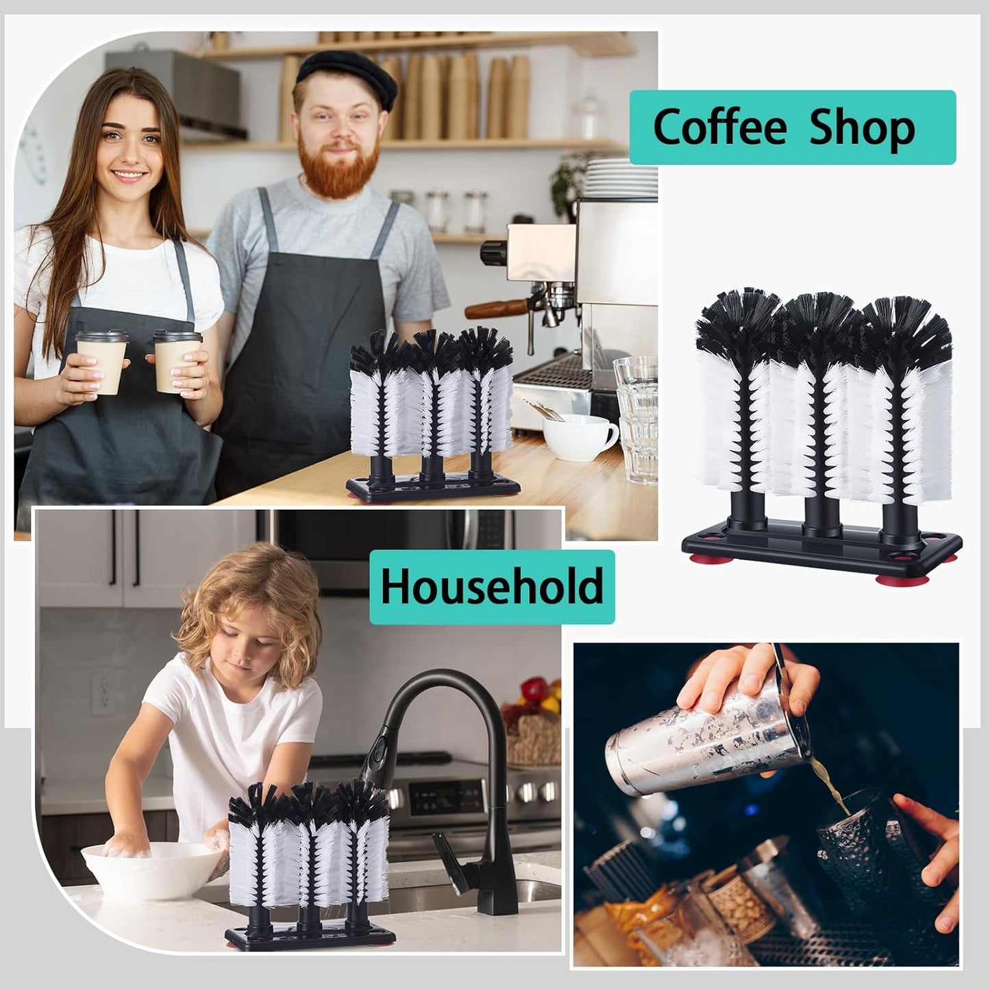 Havawish 2 Pack Water Bottle Cleaning Brush with Suction Base, 3 Head Bristle Bar Glass Washer for Sink, Cup Washer Brush Cleaner for Bar Beer Cup, Wine Glass(7.3 x 3.7 x 7.5)