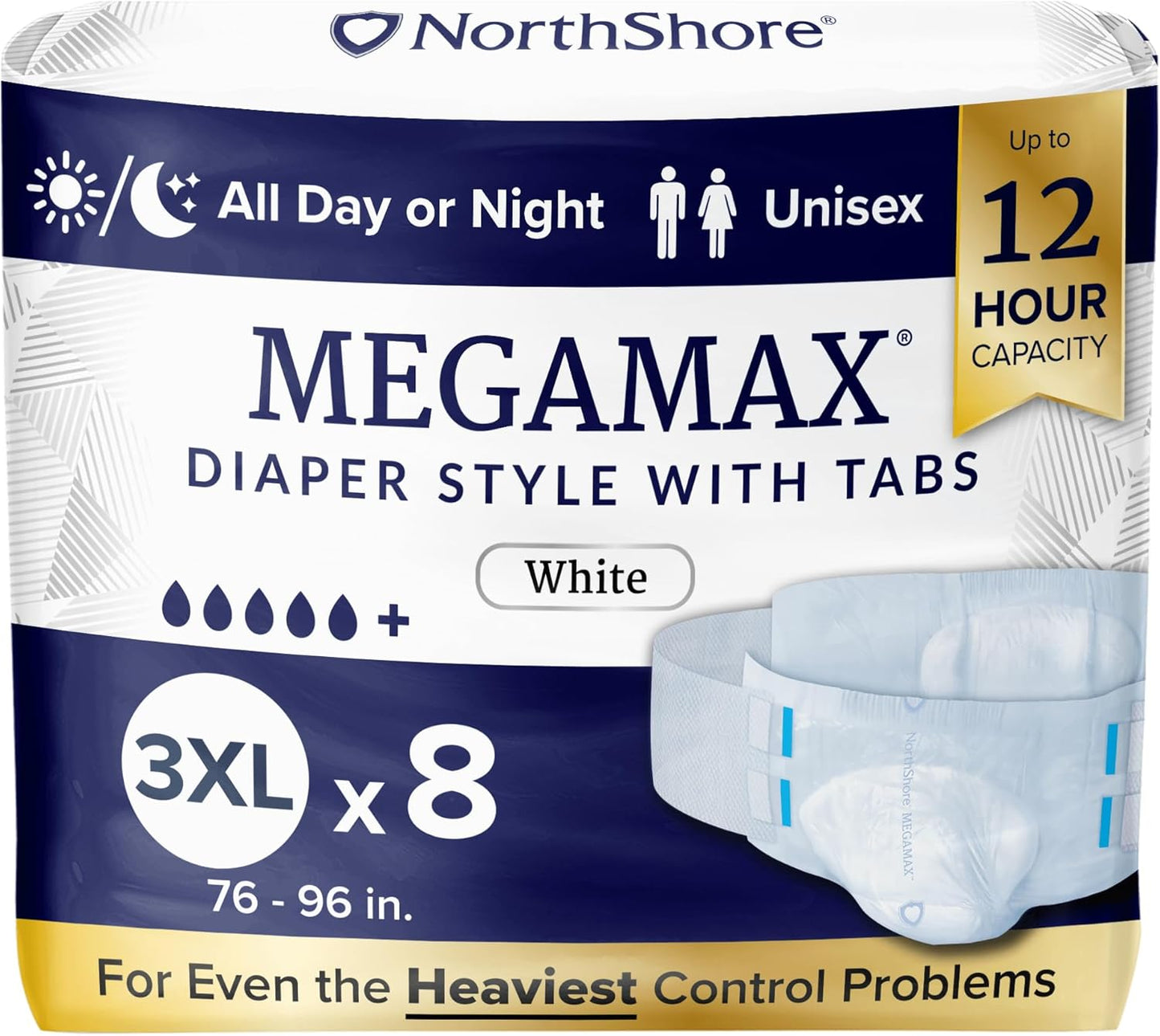 NorthShore MegaMax Adult Overnight Diapers, 12-Hour Tab-Style, 3X-Large, 8 Count Bag, White, 76-96 inches, Unisex Incontinence Underwear