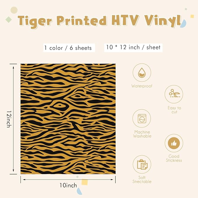 Tintnut Tiger Stripe Heat Transfer Vinyl, 6 Sheets 12" x 10" Iron on Vinyl |