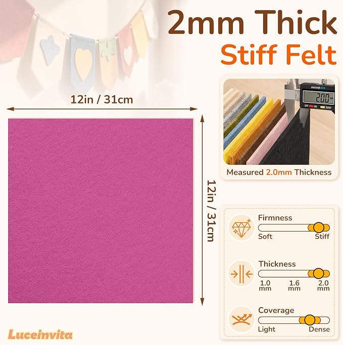 2mm Stiff Felt Sheets 12" X 12" | Thick Polyester Felt Material, DIY Craft