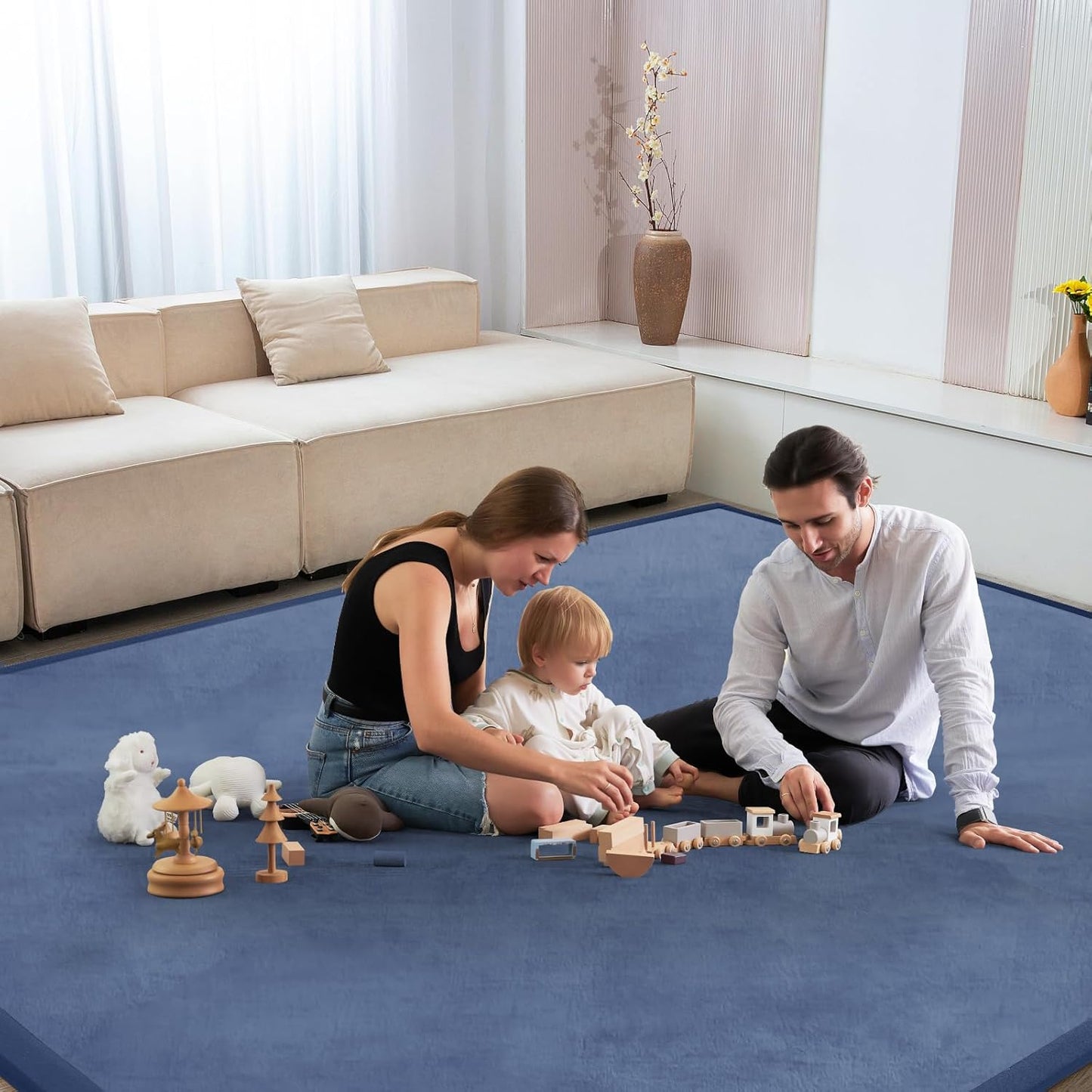 Baby Play Mat for Floor Tummy Time Mat Nursery Muscle Area Rug Playroom Rug Tatami 65"*50" Memory Foam 1.3" Thick Crawling For Babies,Toddlers, Infants, Kids,Floor(Blue)
