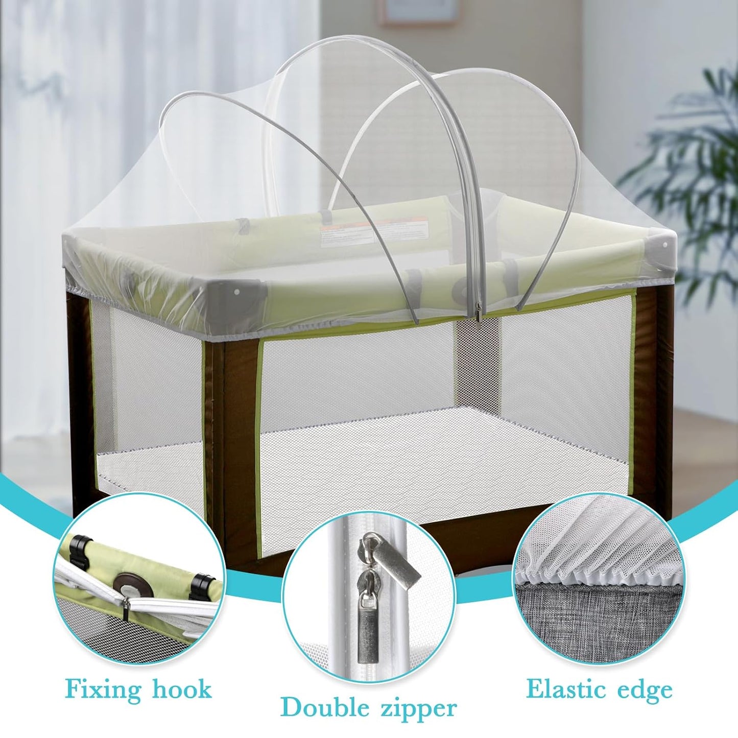 Pack N Play Tent Cover - Bassinet Cover for Pack N Play/Travel Crib/Mini Crib/Playpen, Bassinet Mosquito Net Cover with Two-Way Zippers (White-Large)