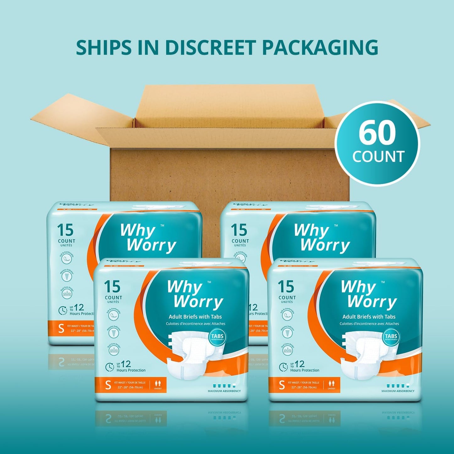 WhyWorry Adult Diapers with Tabs, Disposable Incontinence Briefs for Women & Men with Maximum Absorbency, Adult Briefs for Incontinence Overnight, Odor Control, Unisex, Small, 60 Count (4 Packs of 15)
