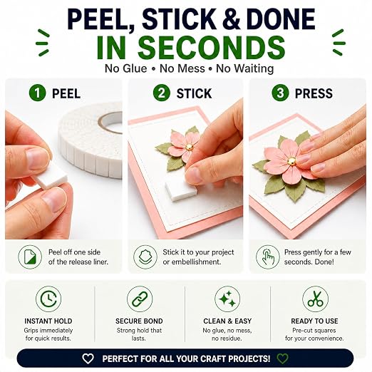 2 Rolls Pre-Cut Double Sided Foam Tape, 460 Large Craft Pads or Card Making